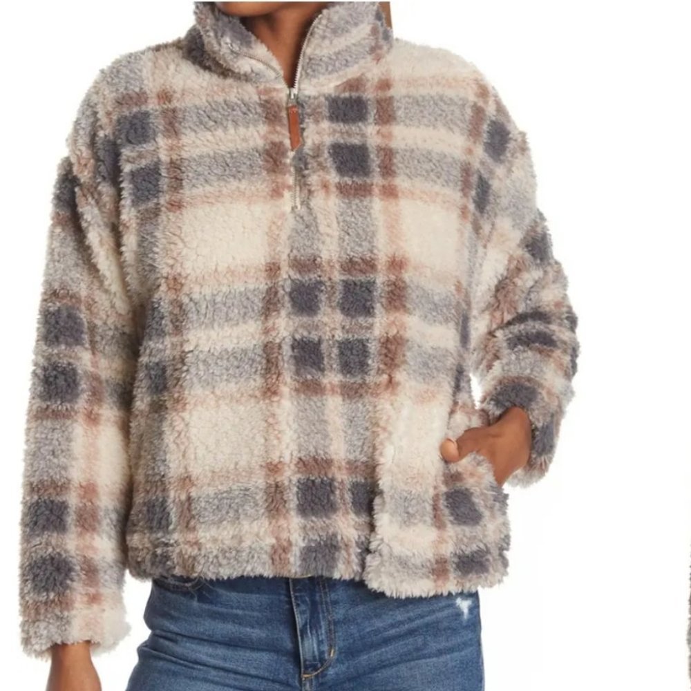 Thread & Supply Cream Plaid Sherpa Half-Zip Jacket